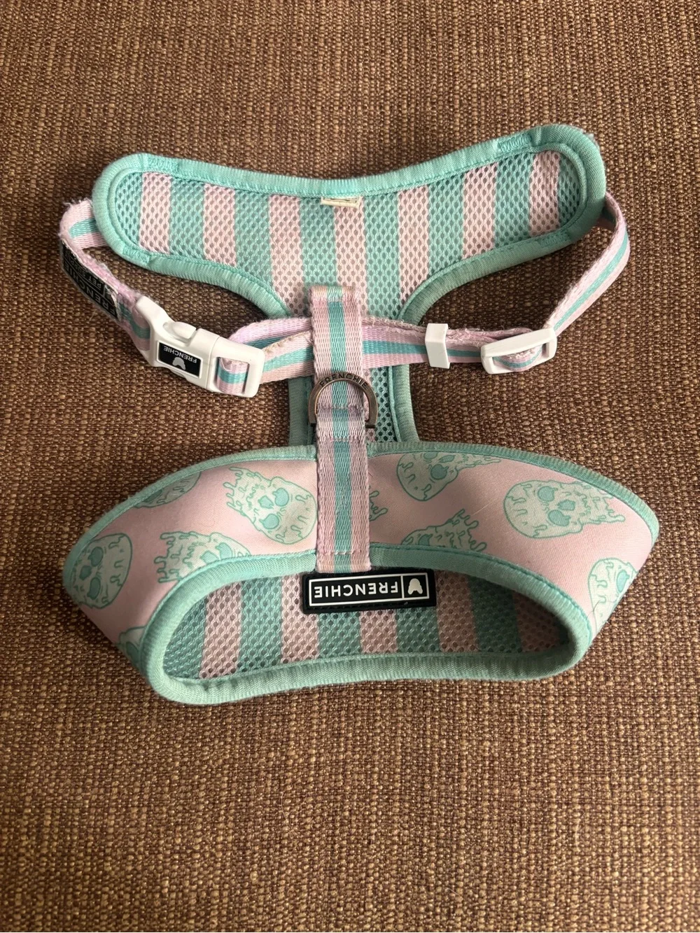 Frenchie Bulldog Reversible Pink/Mint Skull Drip Medium Dog Harness